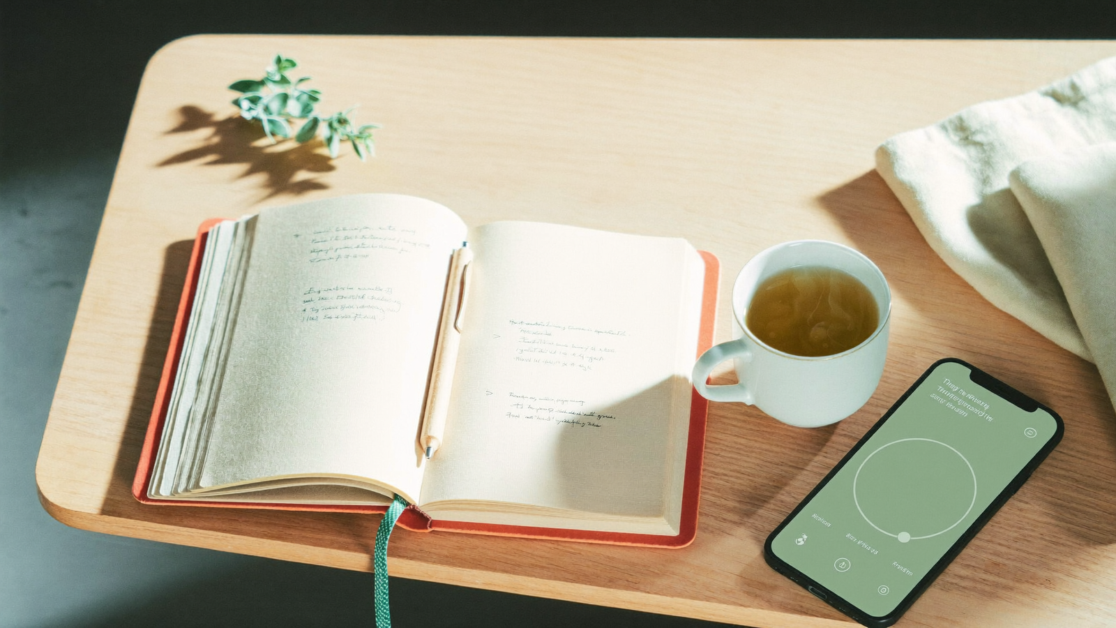 A calm morning routine with a journal, tea, and a wellness app